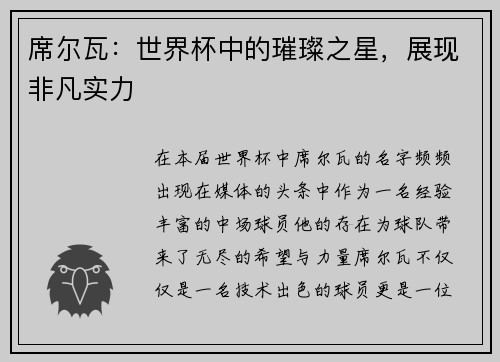 席尔瓦：世界杯中的璀璨之星，展现非凡实力